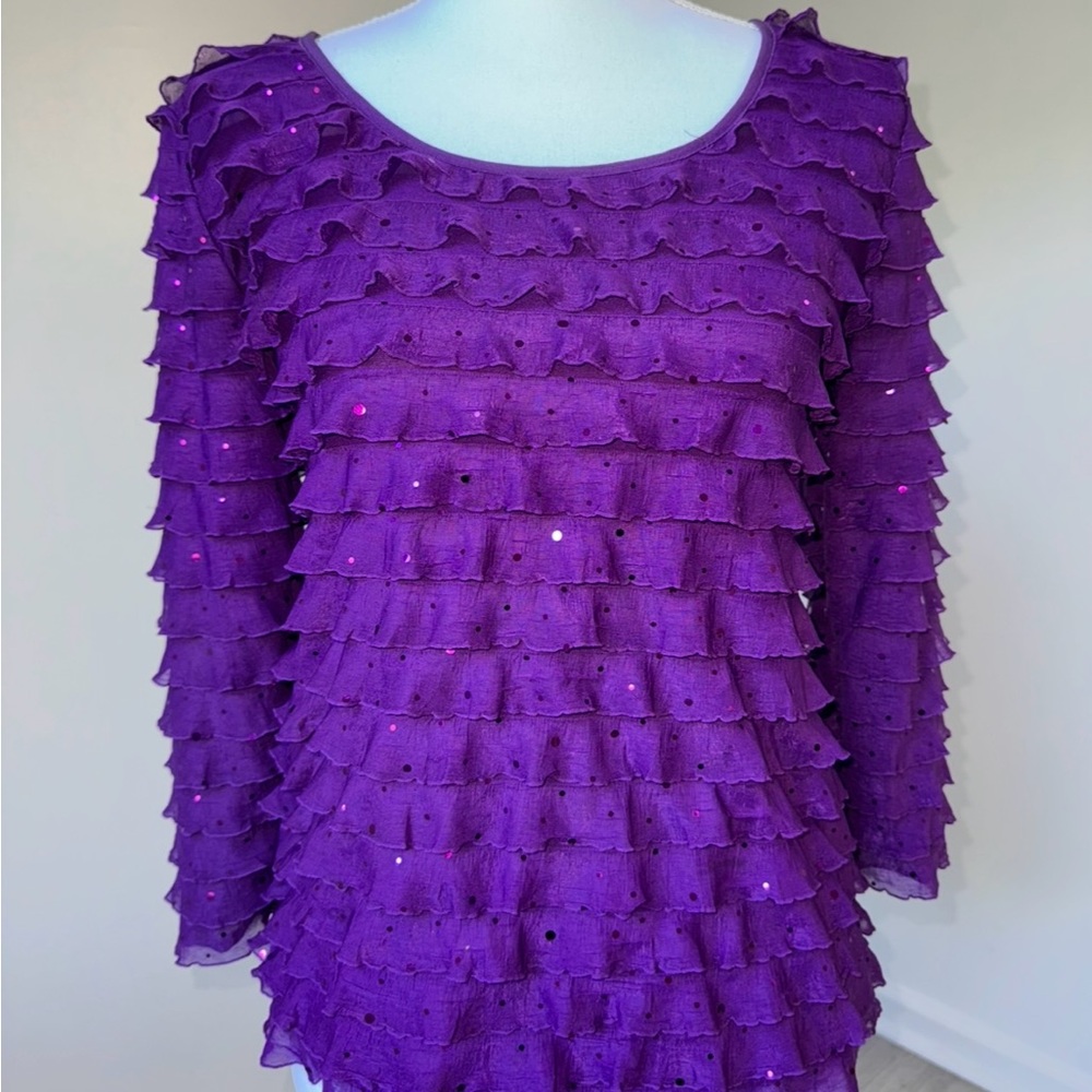 Notations Women’s Purple Long Sleeve Ruffle Sequin Top – Size Small